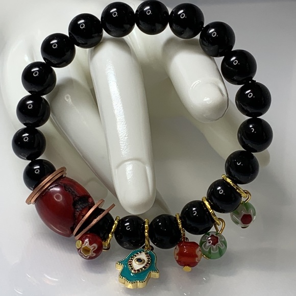 ONYX + DYED CORAL STONES NATURAL BRACELET size 7” - Picture 3 of 6